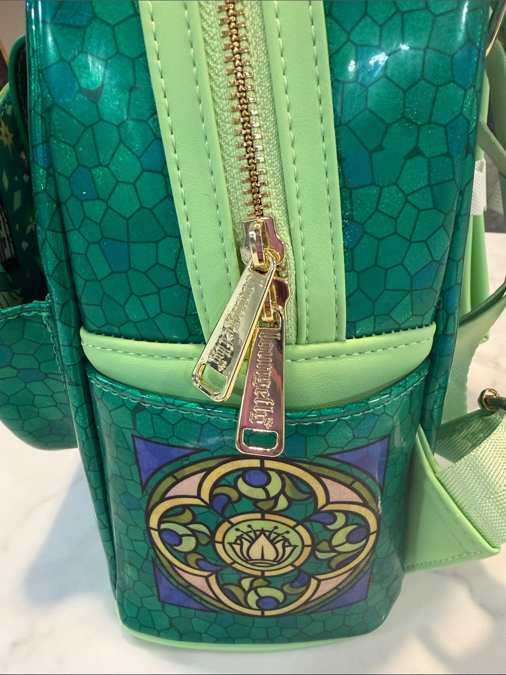 Loungefly Green Stained-Glass Princess Tiana Mini Backpack - Picture 6 of 13